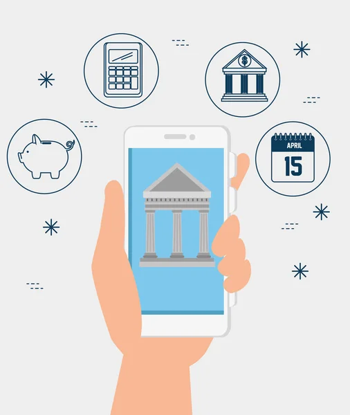 Χειρός με τεχνολογία smartphone και τράπεζα με αριθμομηχανή — Διανυσματικό Αρχείο