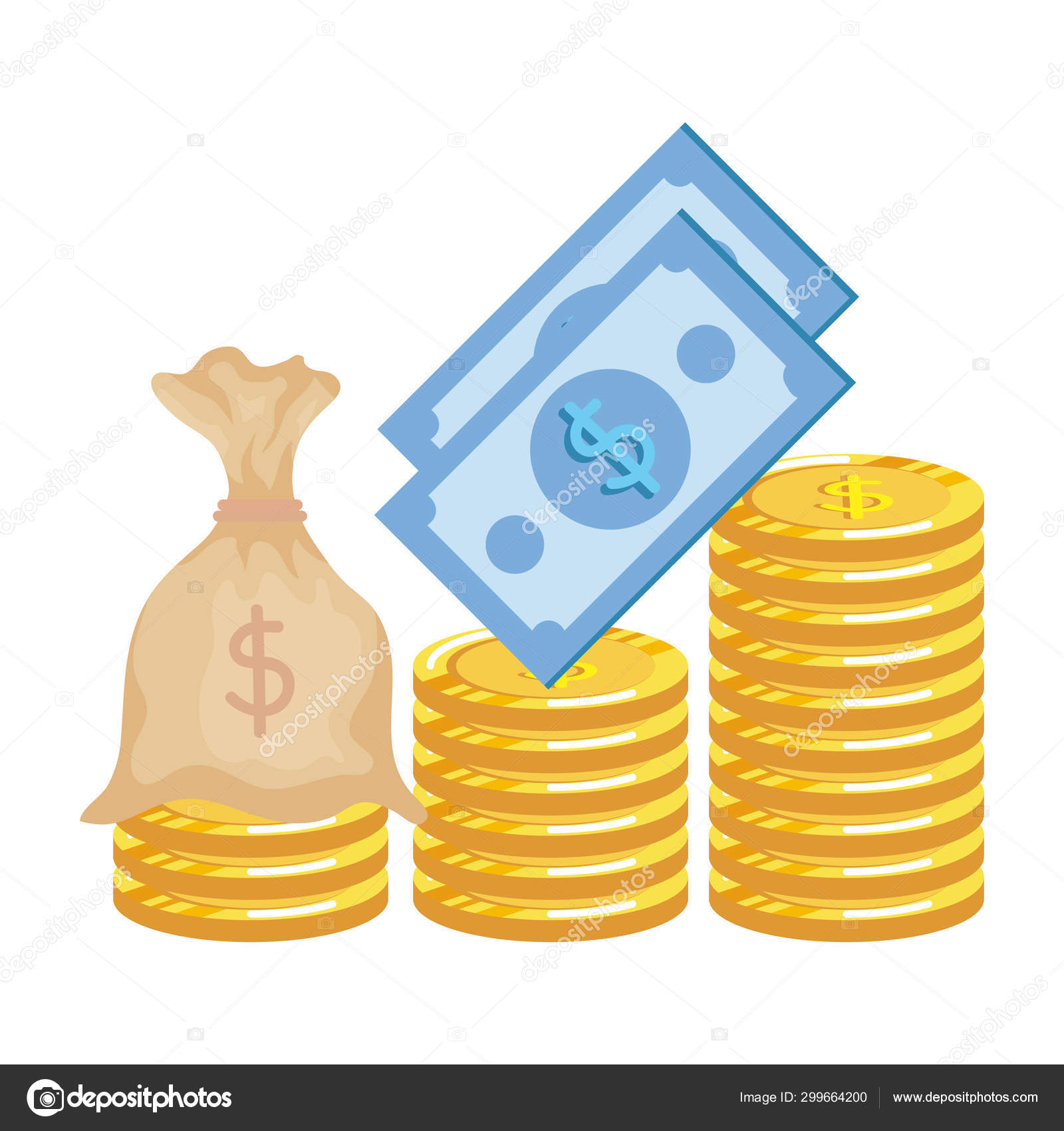 硬币钱美元与钞票和袋子图库矢量图©yupiramos 299664200