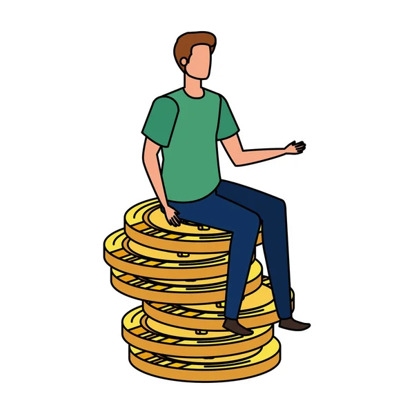 Young and casual man seated in coins money — Stock Vector