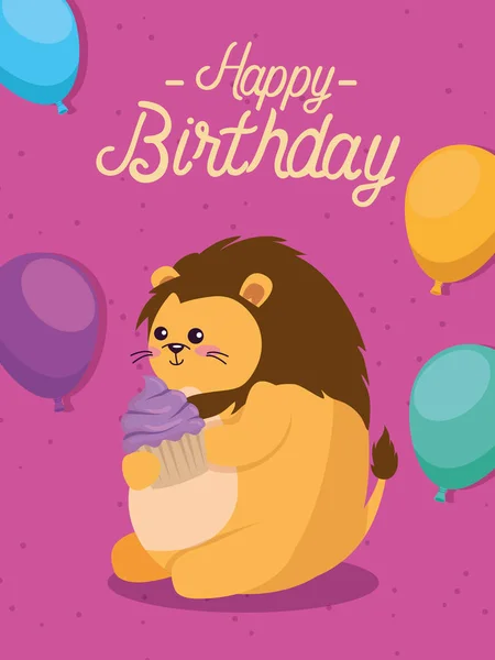 León lindo animalwith muffin y globos — Vector de stock