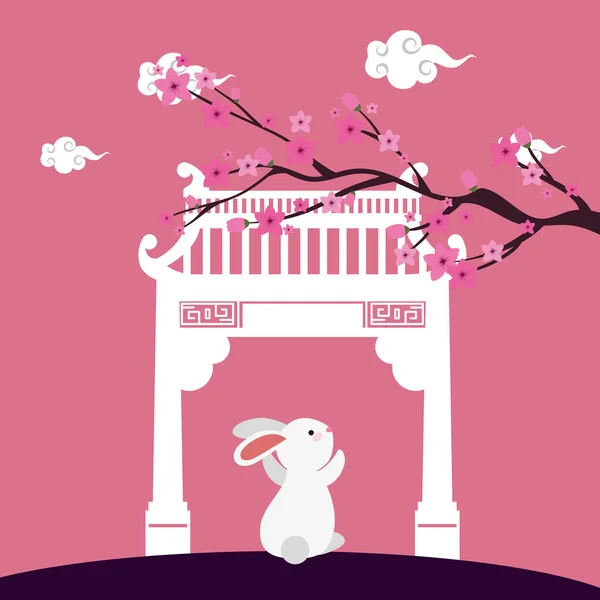 Little rabbit with chinese arch and tree plant scene — Stock Vector