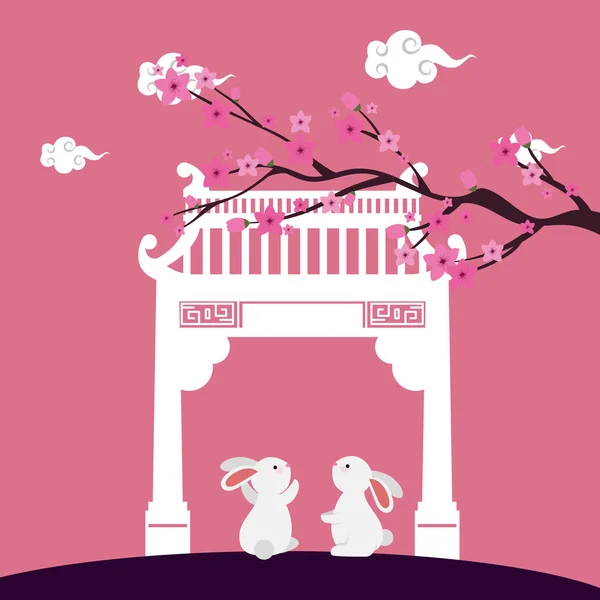 Petits lapins avec arche chinoise et scène de plante d'arbre — Image vectorielle