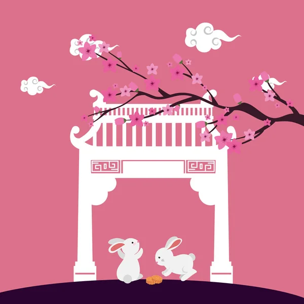 Petits lapins avec arche chinoise et scène de plante d'arbre — Image vectorielle