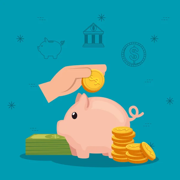 Mano con moneda y cerdito con dinero en efectivo — Vector de stock