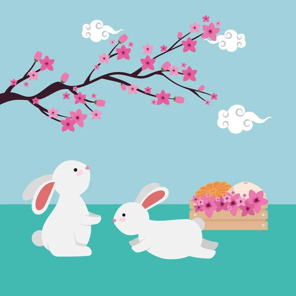 Couple de lapins avec branche d'arbre chinois et fleurs — Image vectorielle