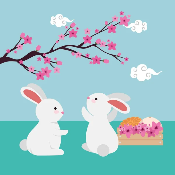 Couple de lapins avec branche d'arbre chinois et fleurs — Image vectorielle