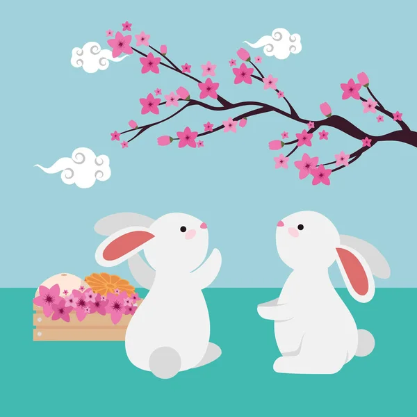 Couple de lapins avec branche d'arbre chinois et fleurs — Image vectorielle