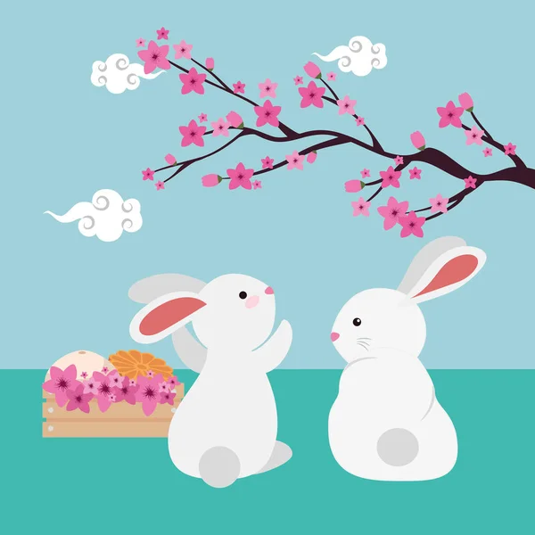 Couple de lapins avec branche d'arbre chinois et fleurs — Image vectorielle