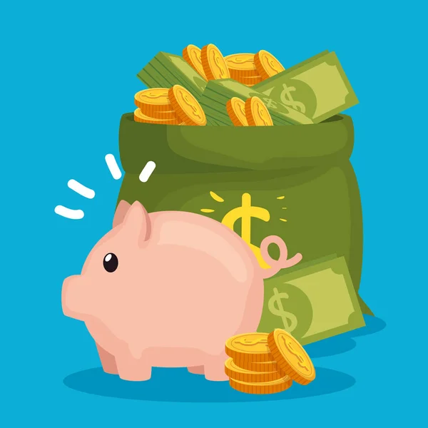 Piggy ve çanta sikke ve faturaları para ile — Stok Vektör