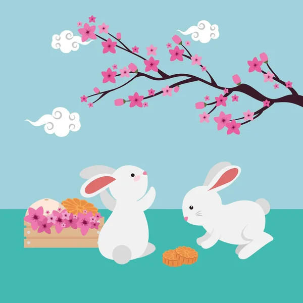 Couple de lapins avec branche d'arbre chinois et fleurs — Image vectorielle