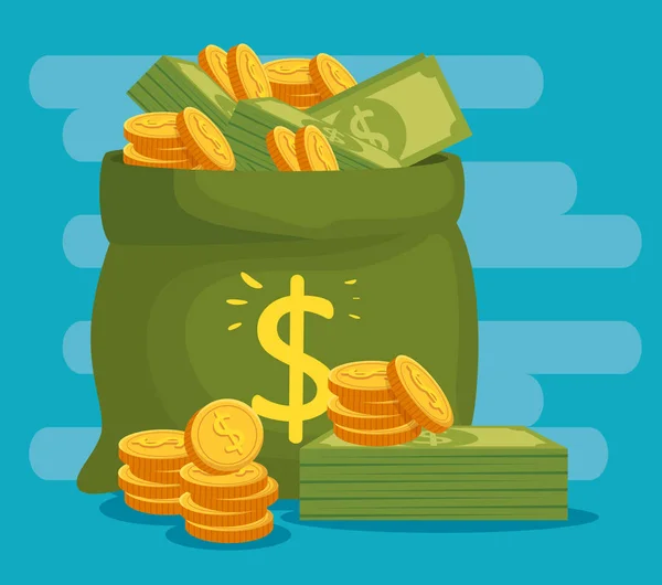 Tas geld met munten en Bills cash valuta — Stockvector
