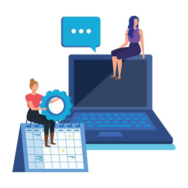 dizüstü bilgisayar karakterleri ile genç kadınlar