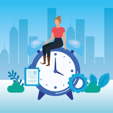 Çalar saati olan genç bir kadın.