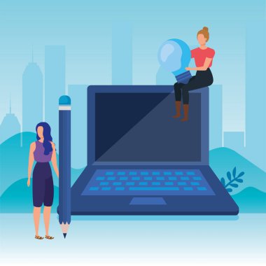 dizüstü bilgisayar karakterleri ile genç kadınlar