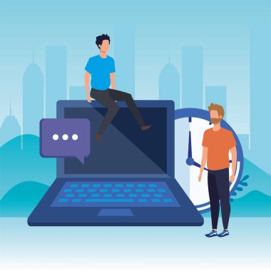 dizüstü bilgisayar karakterleri ile genç erkekler