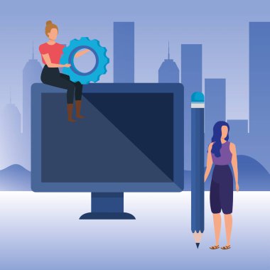 masaüstü karakterleri ile genç kadınlar