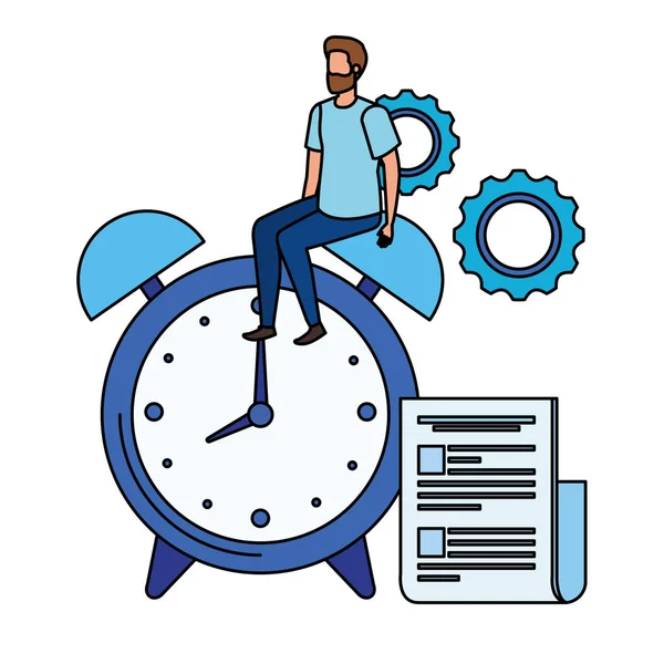 Young man with alarm clock character — Stock Vector