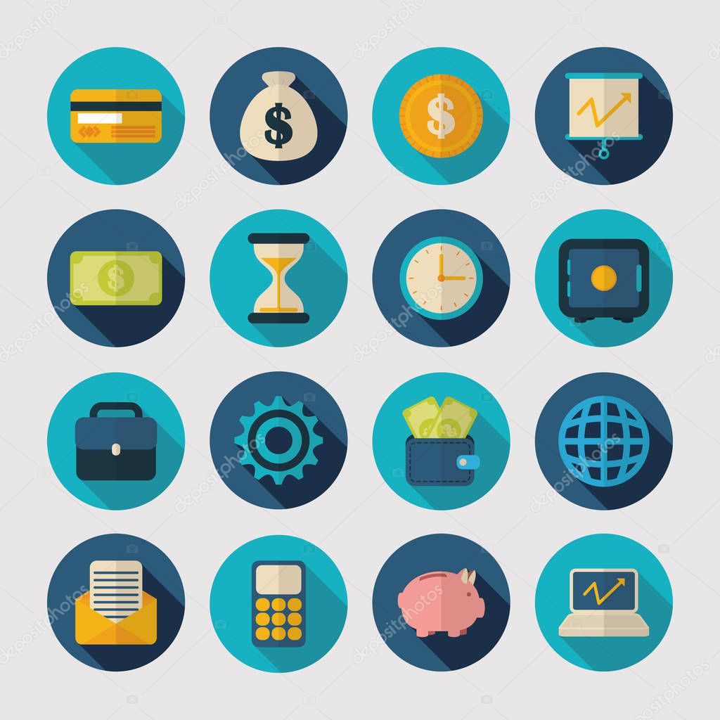 money piggy bank calculator clock currency finance icons flat design