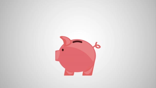 Dinero de ahorro de cerdo con facturas — Vídeo de stock