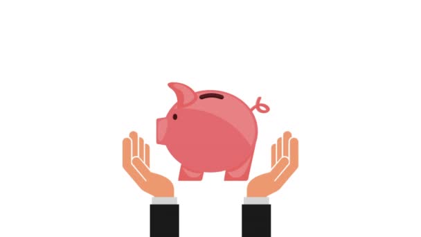 Piggy savings money with hands lifting — Stock Video