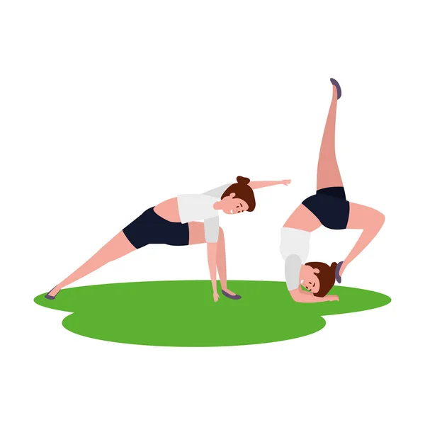 Beauty girls couple practicing pilates in grass — Stock Vector