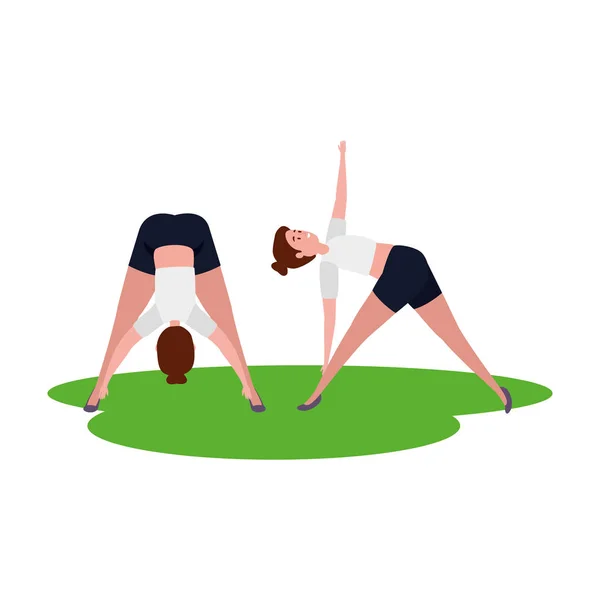 Beauty girls couple practicing pilates in grass — Stock Vector