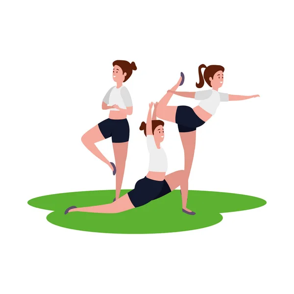 Szépség lányok csoport gyakorló Pilates a fűben — Stock Vector