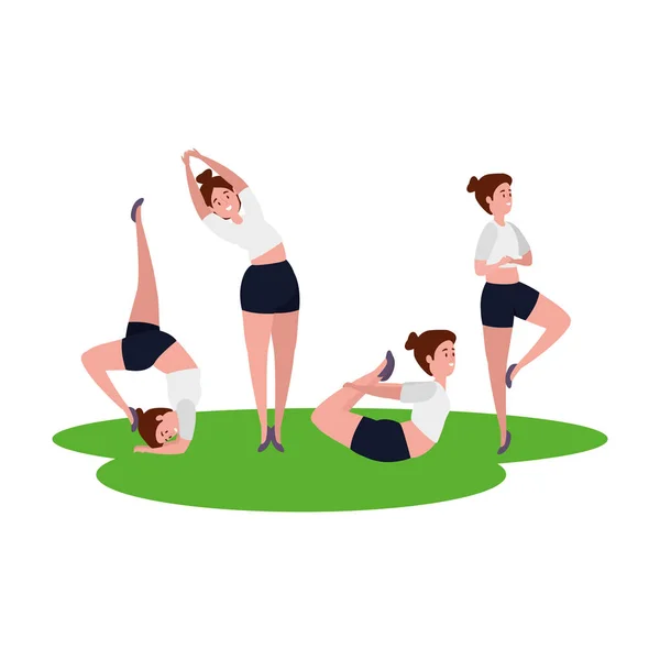 Bellezza ragazze gruppo praticare pilates in erba — Vettoriale Stock