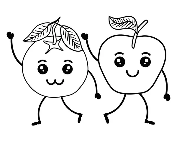 ผลส้มสดและแอปเปิ้ล ตัวละครคาวาย — ภาพเวกเตอร์สต็อก