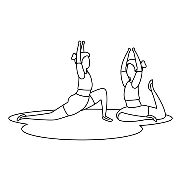 Belleza niñas pareja practicando pilates posición — Vector de stock