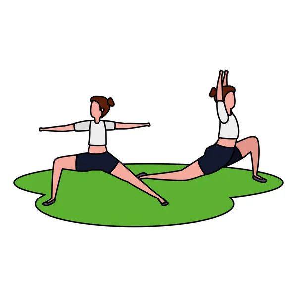 Pasangan gadis cantik berlatih pilates di rumput - Stok Vektor