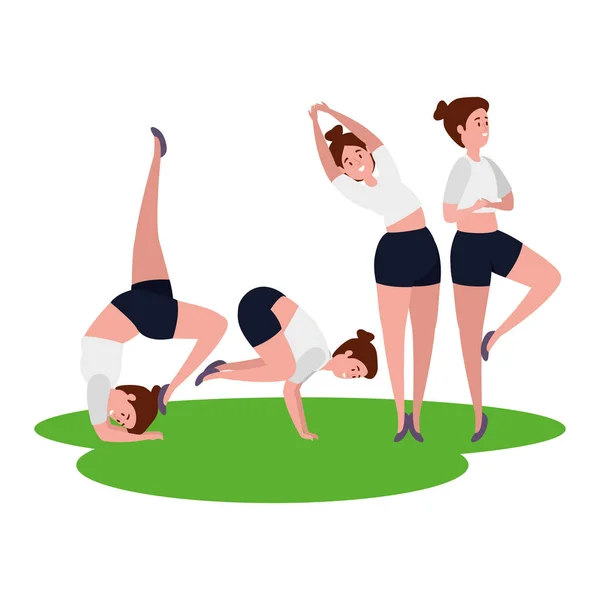 Meninas de beleza grupo praticando pilates na grama — Vetor de Stock