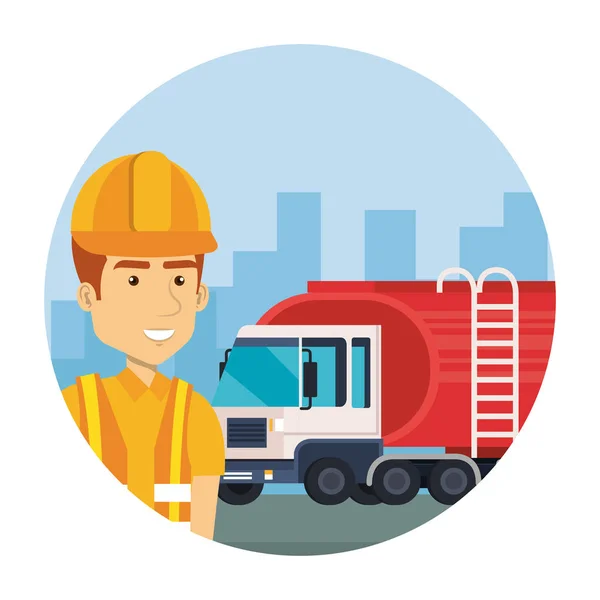 Průmyslový pracovník s dodávkou z místa nákladního auta — Stockový vektor