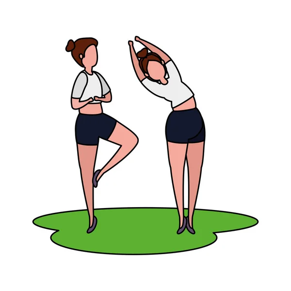 Bellezza ragazze coppia praticare pilates in erba — Vettoriale Stock