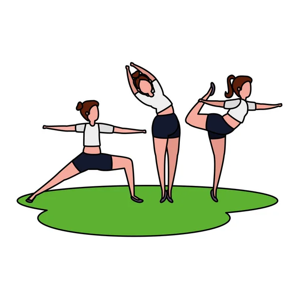 Bellezza ragazze gruppo praticare pilates in erba — Vettoriale Stock