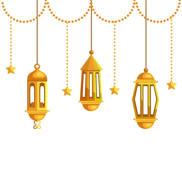 Lampes ramadan kareem et étoiles pendaison décoration — Image vectorielle