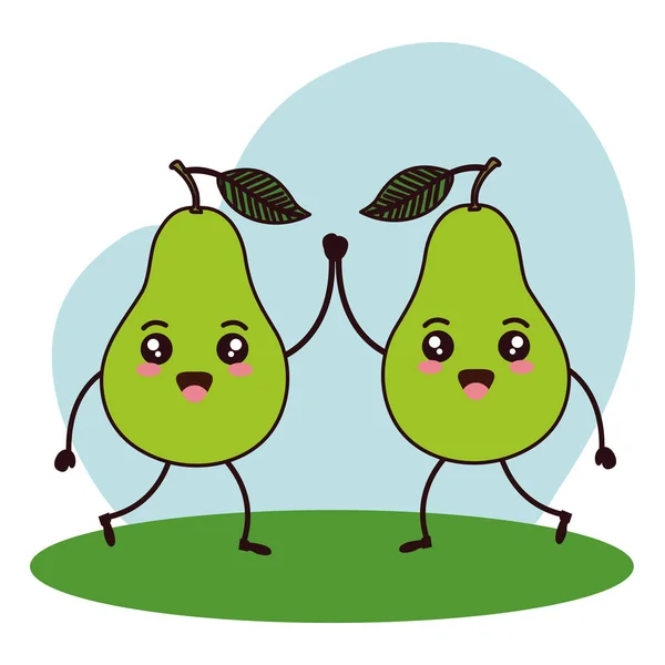 Peras frescas frutas pareja kawaii caracteres — Vector de stock