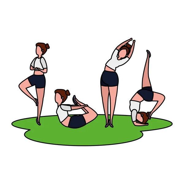 Meninas de beleza grupo praticando pilates na grama —  Vetores de Stock