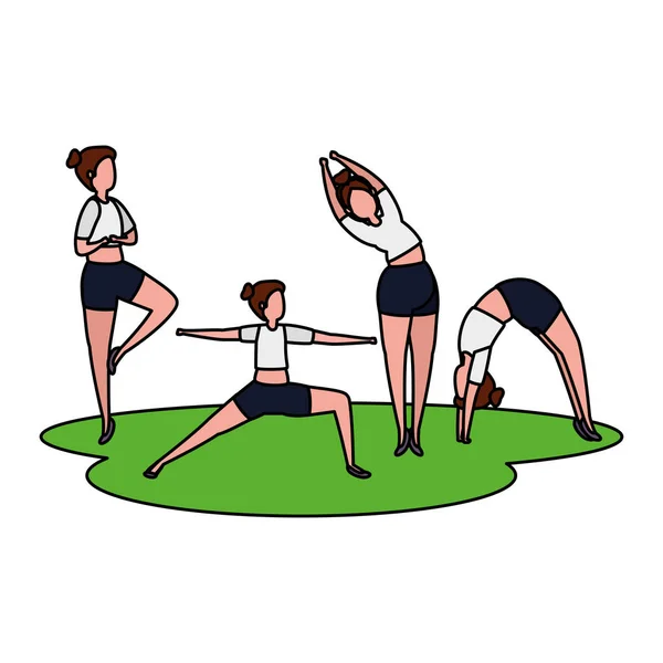 Bellezza ragazze gruppo praticare pilates in erba — Vettoriale Stock