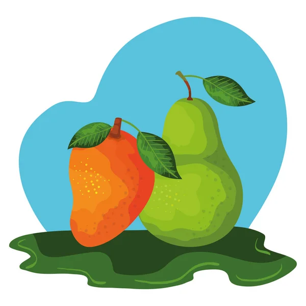 Mango fresco y frutas de pera naturaleza — Vector de stock