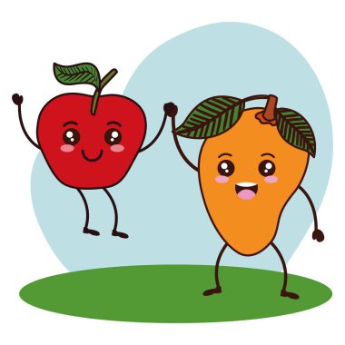 taze mango ve elma meyve kawaii karakter