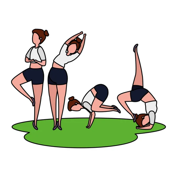 Bellezza ragazze gruppo praticare pilates in erba — Vettoriale Stock