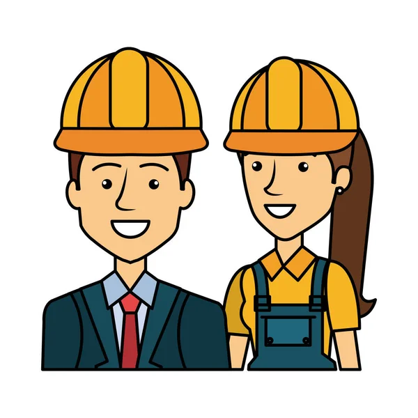 Engineer and female builder with helmets avatars characters — Stock Vector