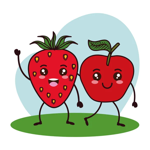 Fresa fresca y frutas de manzana caracteres kawaii — Archivo Imágenes Vectoriales