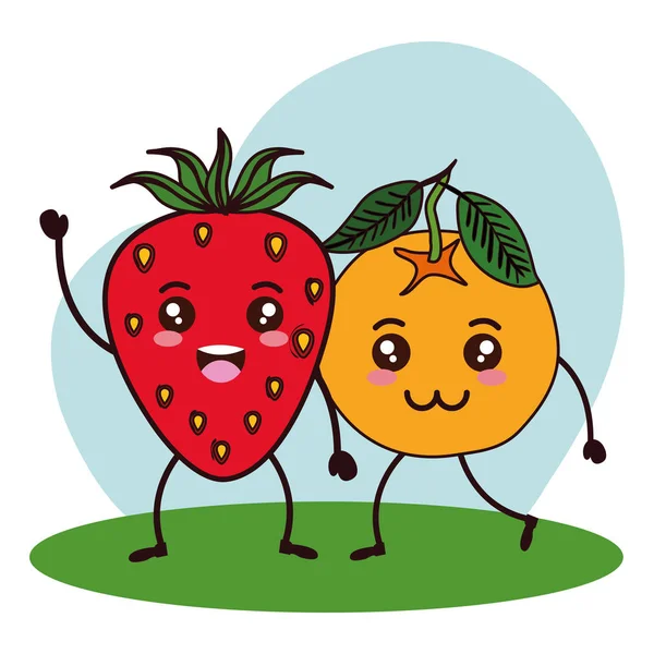 Frische Erdbeeren und orange Kawaii Zeichen — Stockvektor