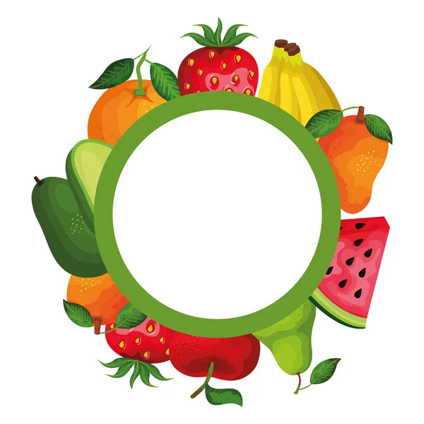 Grupp av färska frukter och grönsaker cirkulär ram — Stock vektor