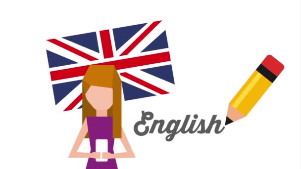 Vrouw personage met leren Engels animatie — Stockvideo