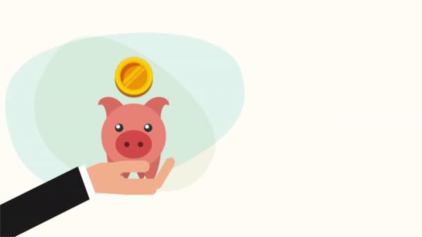 Hand saver met Piggy besparingen en muntgeld dollar — Stockvideo