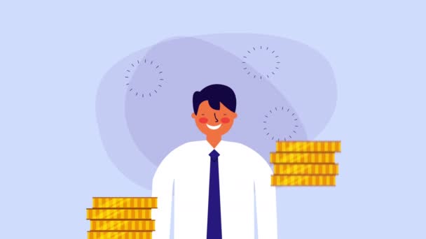 Бизнесмен с монетами деньги — стоковое видео