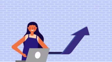 dizüstü bilgisayar ve istatistik okları ile genç kadın